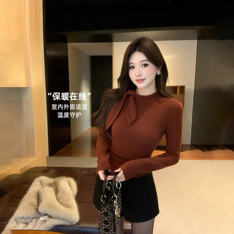 林关关【暖柔情结】修身半高领女秋冬针织衫绑带双面磨毛打底上衣