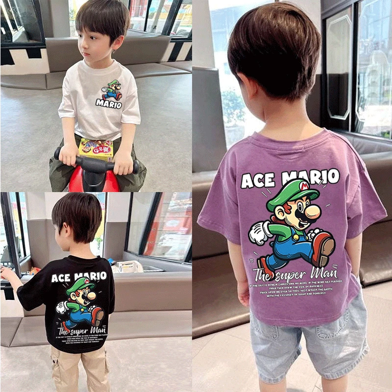 纯棉儿童T恤新款帅气夏季马里奥男童女童短袖洋气宝宝卡通上衣潮t
