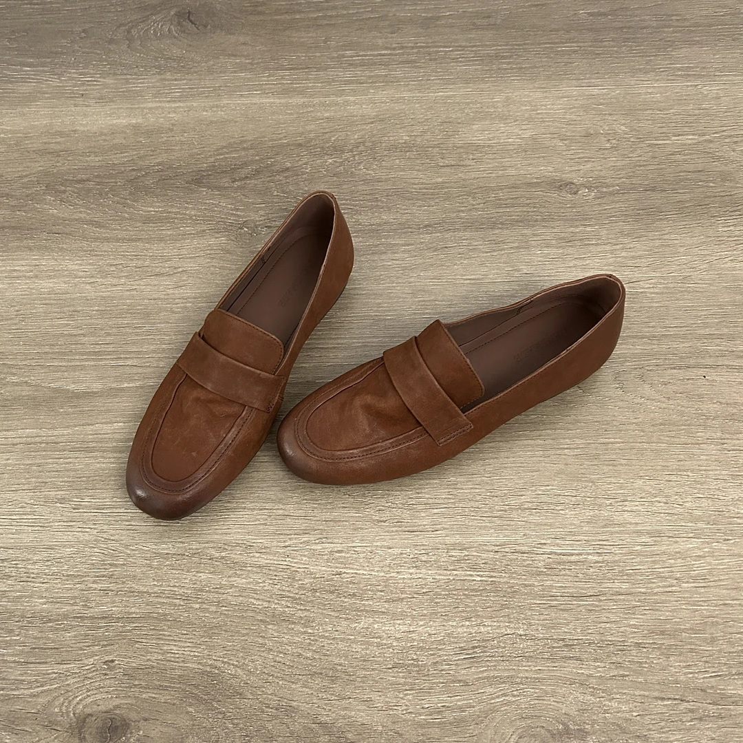 Dannyfrey极简风复古棕色真皮平跟乐福鞋一脚蹬豆豆鞋休闲女鞋