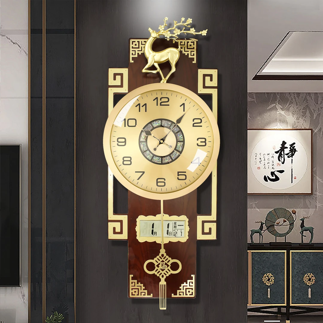 新款新中式黄铜实木挂钟家用大气万年历挂墙表家用客厅挂表大时钟