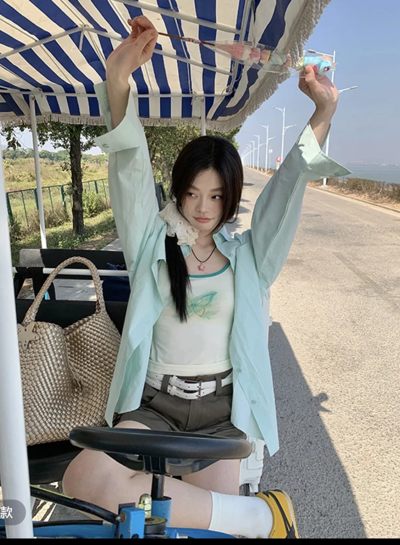 宋正恩薄荷绿长袖衬衫女夏防晒宽松休闲慵懒风外搭衬衣上衣ST775