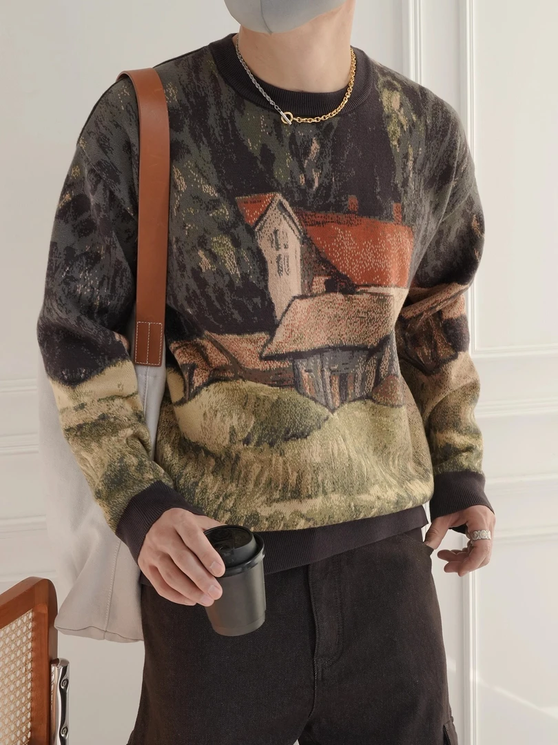 美式复古个性彩绘房子提花圆领毛衣男秋冬新款潮牌保暖套头针织衫