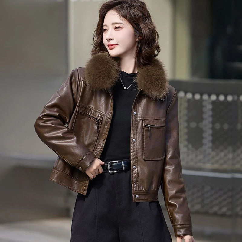 海宁加绒加厚皮衣外套女2025冬季新款宽松显瘦时尚百搭短款皮夹克