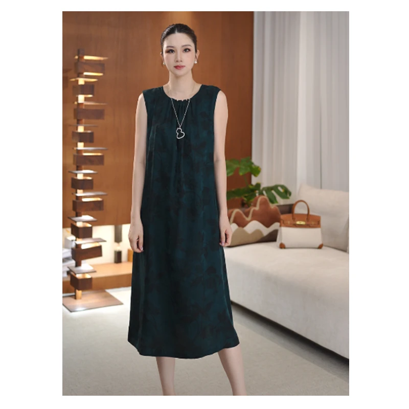 【夏季新款】时尚复古气质宽松显瘦百搭无袖桑蚕丝连衣裙女D25234