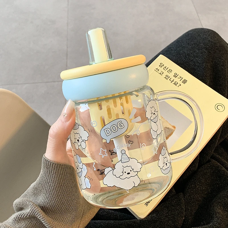 可爱水杯女生高颜值吸管玻璃杯带把手茶仓办公室夏杯子女新款2025