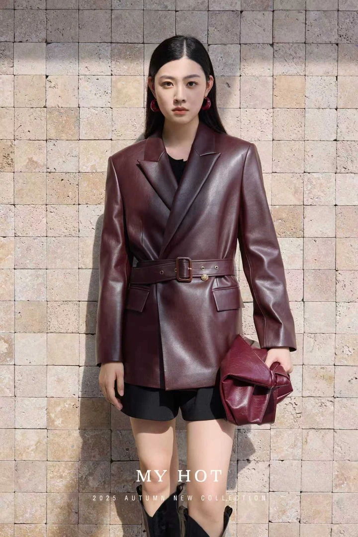 华家曼 秋款 紫红色皮衣 商务通勤 百搭款