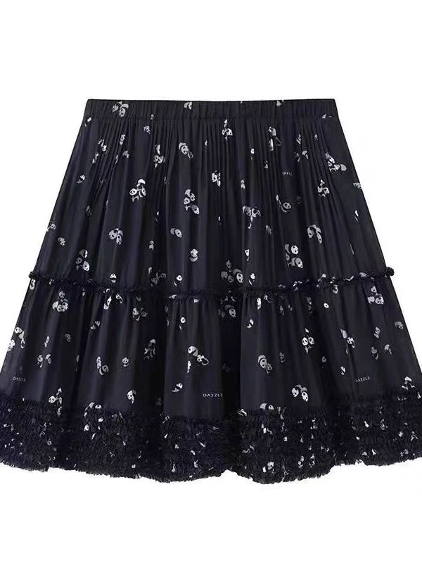 503.时尚成人短裙半身裙O型高腰裙子蓬蓬裙字母春夏印花百搭系带