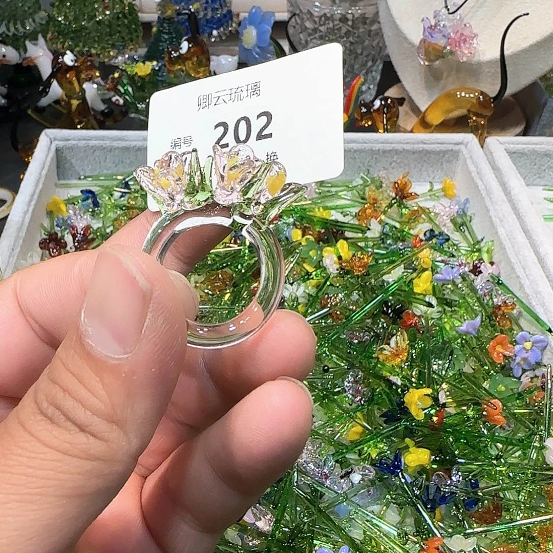 琉璃手工艺品粉色五朵花戒指