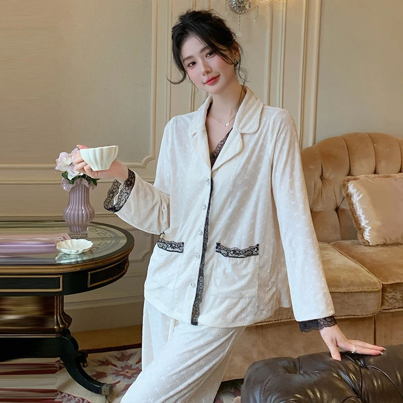 【诗月丝绒套装】法式公主风冬季套装睡衣女薄绒翻领两件套家居服