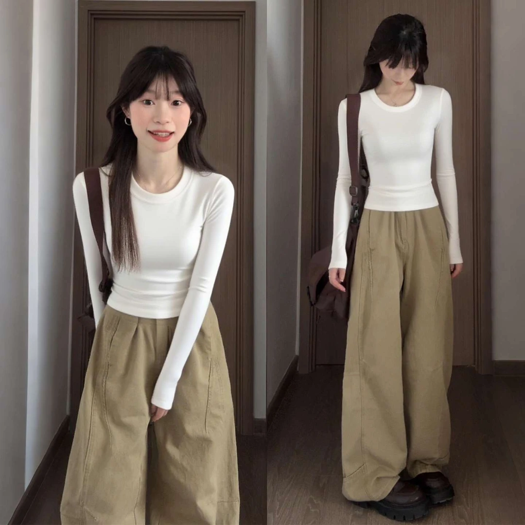 FAVMARTHA白色打底衫内搭女2025新款修身长袖t恤紧身上衣韩系早秋