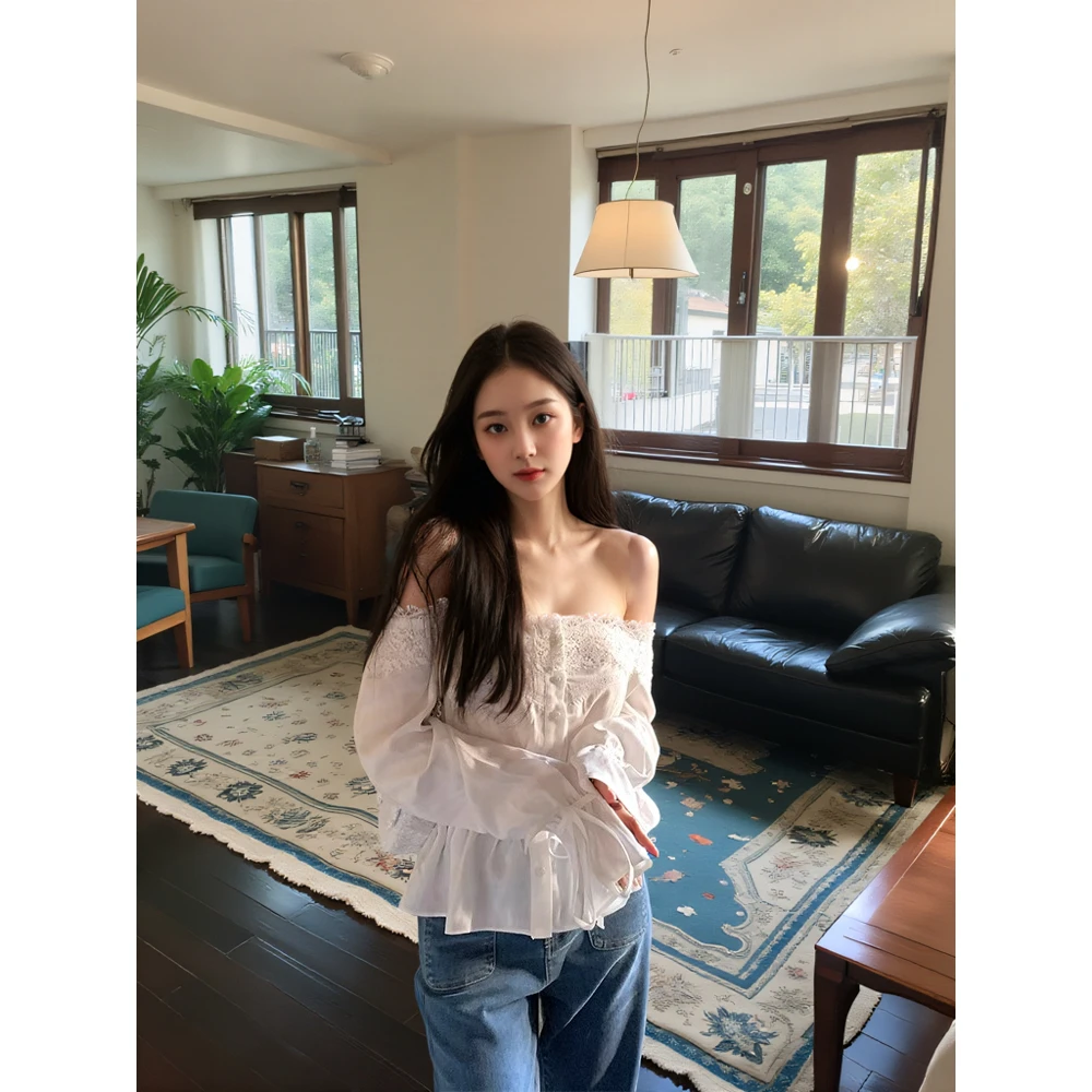 大心kissis天鹅颈一字肩蕾丝拼接长袖T恤衬衫小众设计感