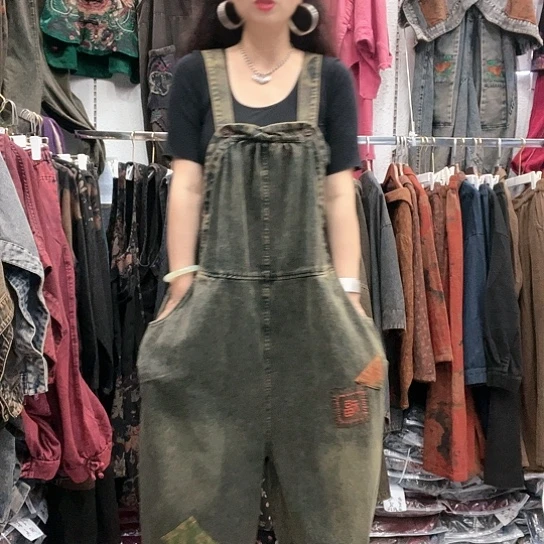 刺绣招财猫牛仔福字背带裤