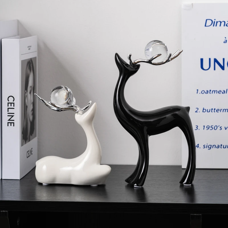 轻奢陶瓷手工麋鹿高档摆件电视柜红酒柜客厅玄关小鹿家居饰品摆件