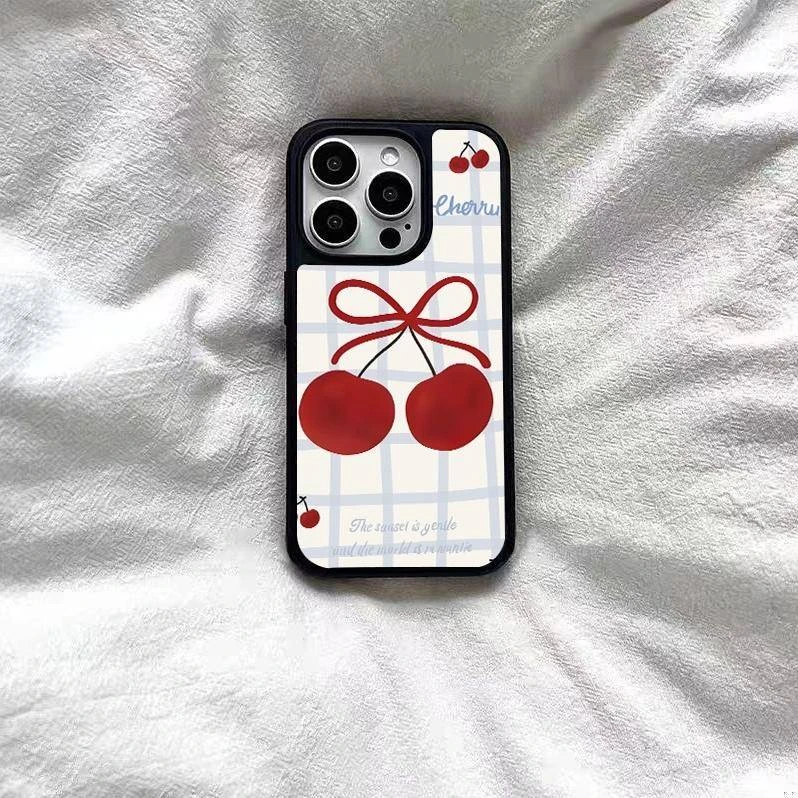 新款网红格纹樱桃蝴蝶结0410适用苹果16华为小米15oppo荣耀手机壳