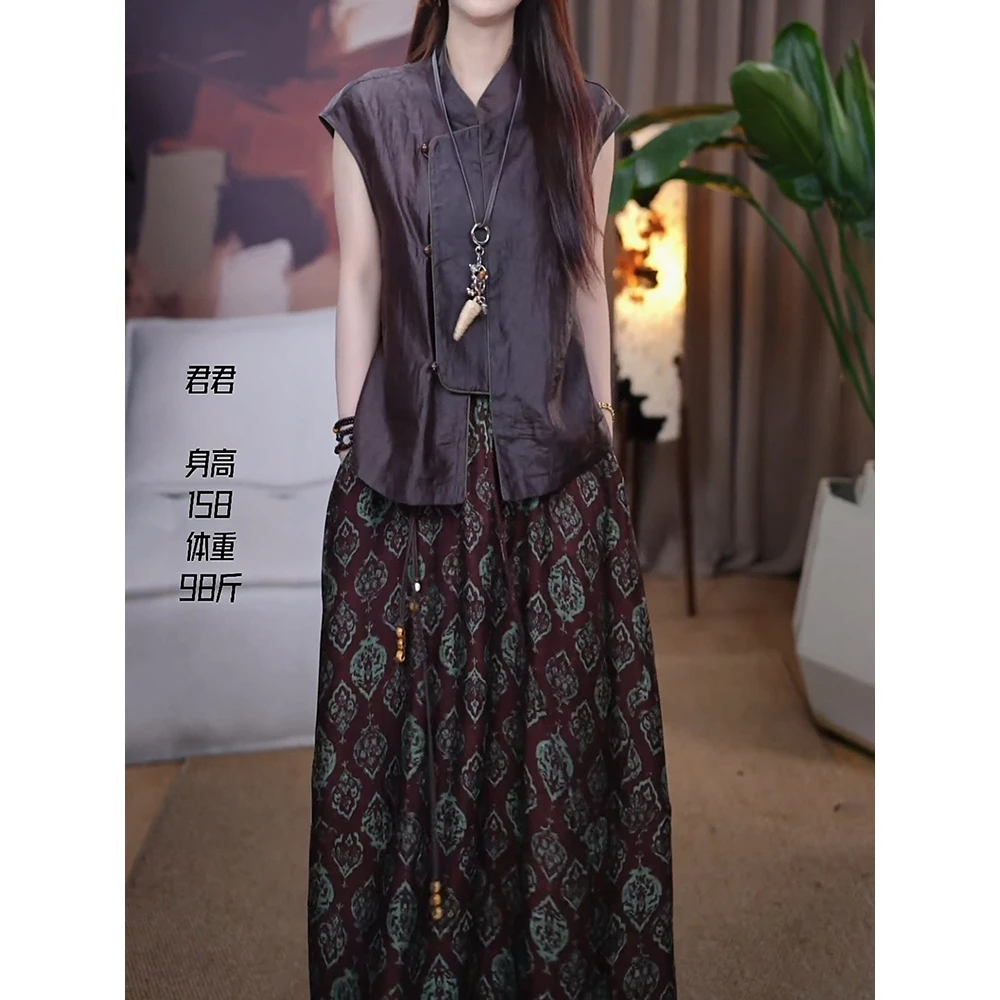 知性优雅高级感女装2026新复古国风设计感无袖上衣印花半身裙套装