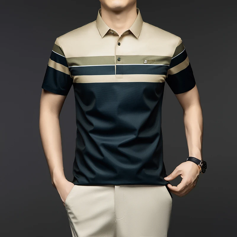 【专柜正品】欧洲高档桑蚕丝短袖T恤男款2025新款无痕翻领POLO衫男