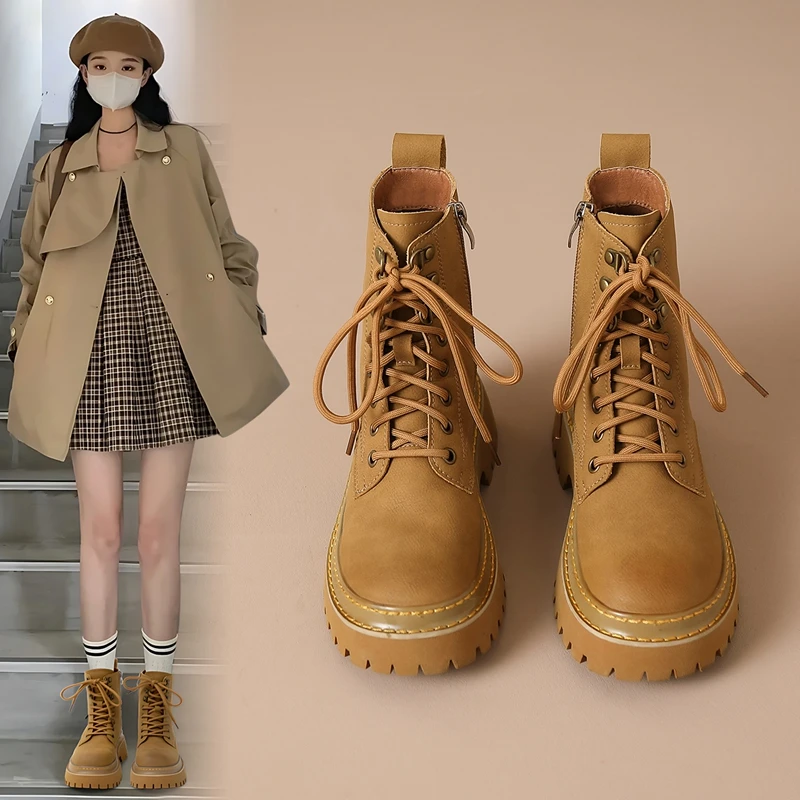 ZHR/则则马丁靴女2025新款秋季工装真皮大黄靴增高厚底英伦风短靴