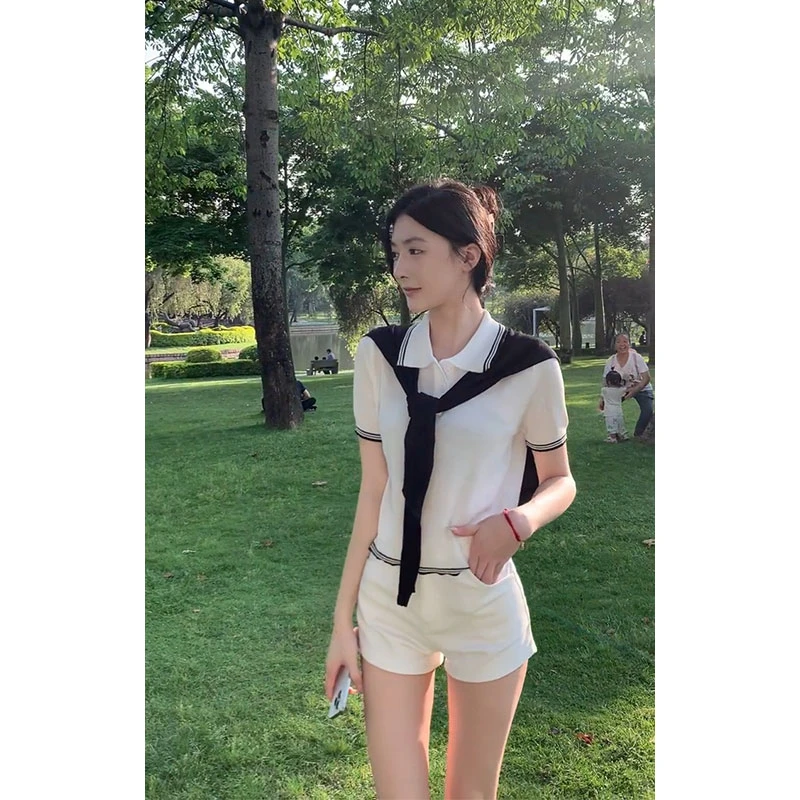 2025夏季新款ins气质老钱风披肩小外套翻领短袖上衣配高腰短裤女