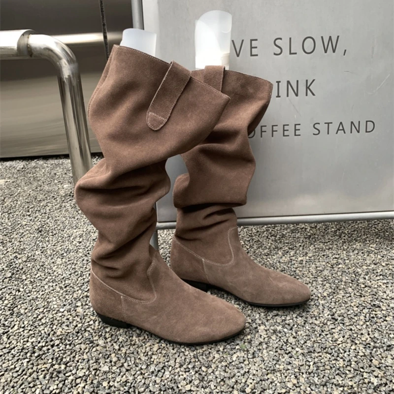 小众设计感2025秋季新款里外全皮堆堆靴女复古长靴西部牛仔骑士靴