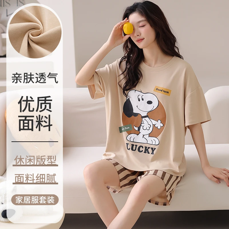 睡衣女士春夏100%纯棉短袖短裤宽松卡通学生宿舍可外穿套装家居服