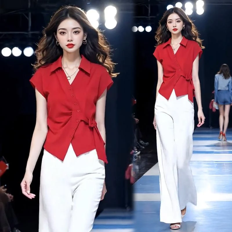 巨好看的夏装套装时尚洋气女2025新款不规则系带上衣阔腿裤两件套