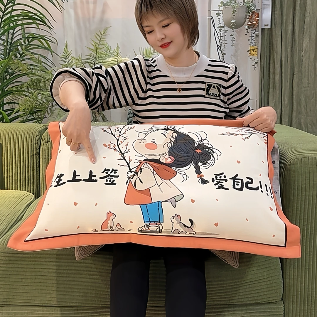 按扣式纯棉彩纱布枕套一对装48x74/透气吸汗加厚加大全包成人枕套