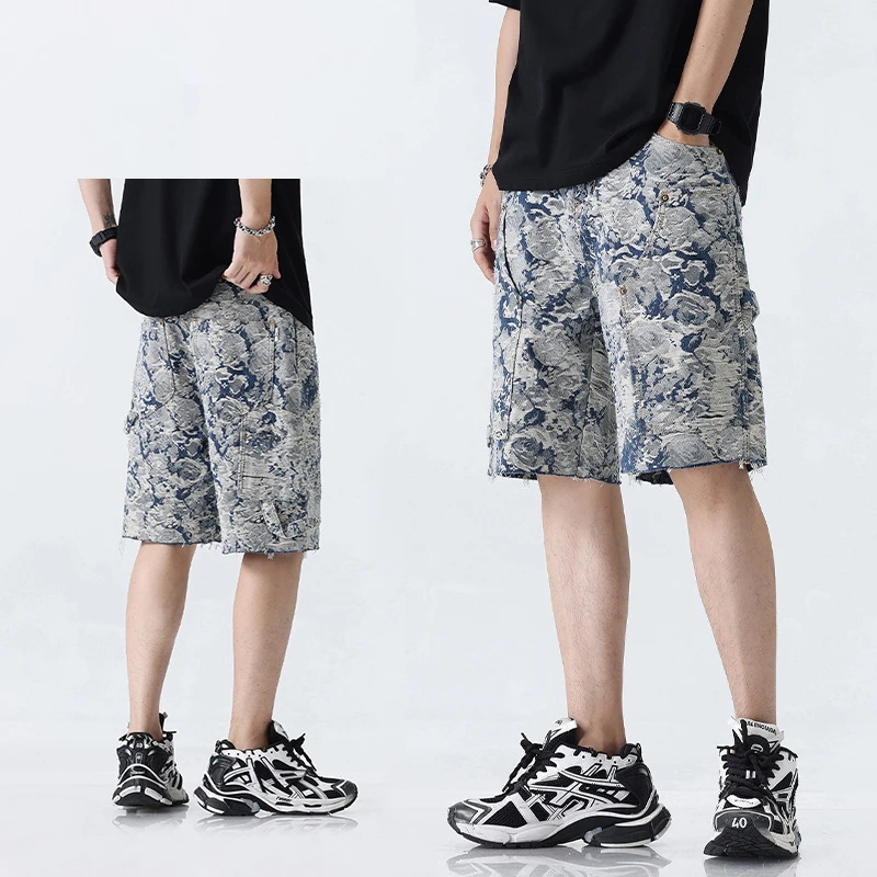 提花潮牌牛仔短裤男夏季薄款宽松直筒潮流印花设计感休闲五分裤子