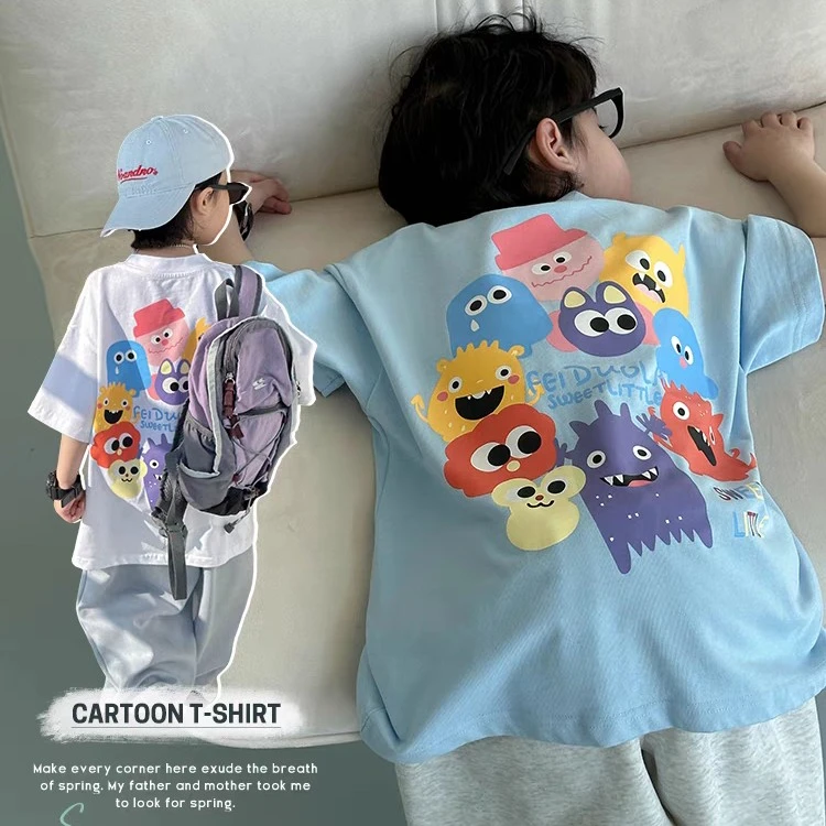 男童短袖夏装2025新款童装纯棉卡通毛球T恤蓝色幼儿园宝宝短袖潮