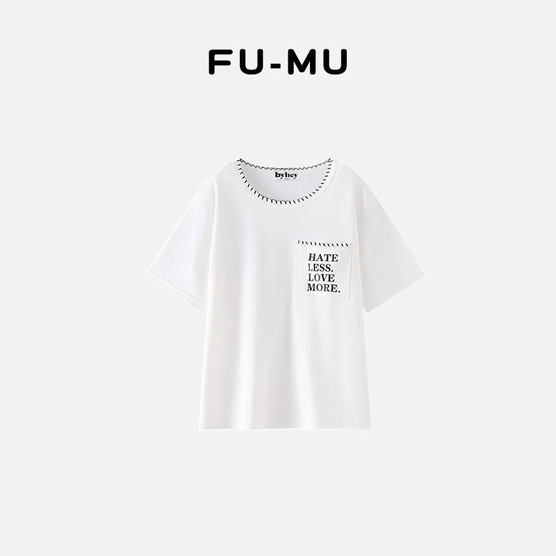 【姿姐专属】贝壳边口袋字母短袖女夏宽松高支数双面液氨棉C05C30