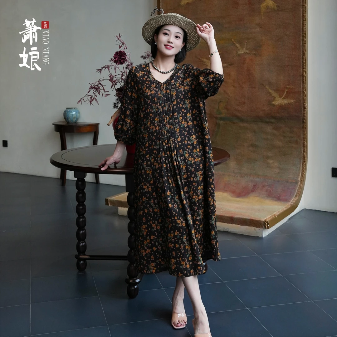 萧娘【镜中花】提花缎香云纱碎花连衣裙新中式V领长裙气质XNA5259