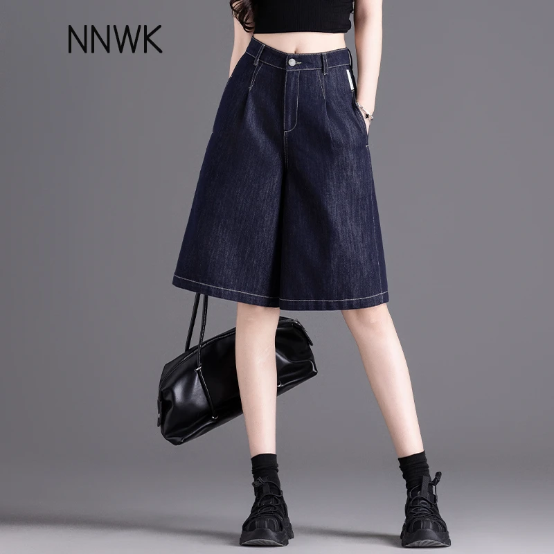 丹宁蓝色牛仔短裤女夏季薄款莱赛尔直筒裤宽松中裤阔腿四分五分裤