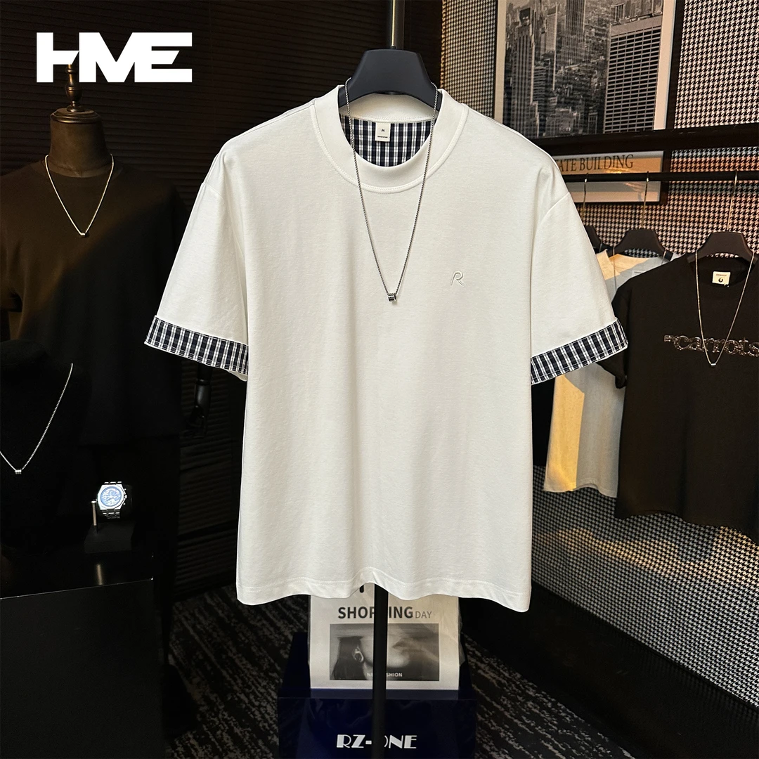 【HMEYAO】夏季高定袖口格纹字母刺绣绣标设计冰感棉圆领短袖T恤男