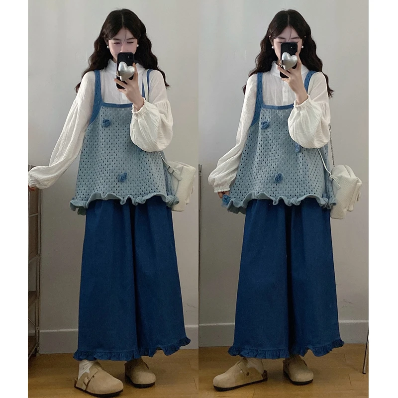 大码胖mm秋季新款复古花朵针织背心+长袖衬衫+阔腿裤三件套装女