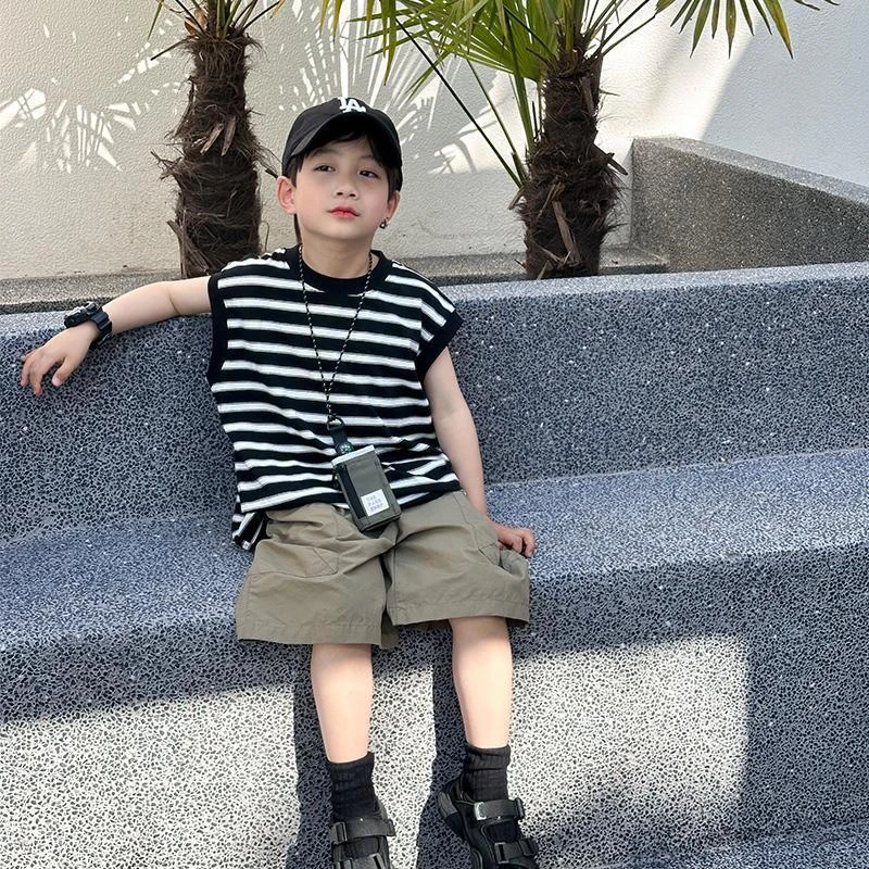 儿童套装男童条纹夏装无袖背心2025夏季新款中大童短裤男孩两件套