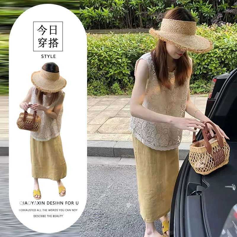 夏日漂亮小套装设计感宽松蕾丝钩花无袖背心气质显瘦半身裙两件套