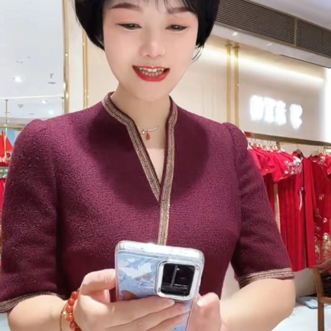 170509朱紫褕棉羊毛V领喜婆婆喜妈妈婚宴礼服敬酒服