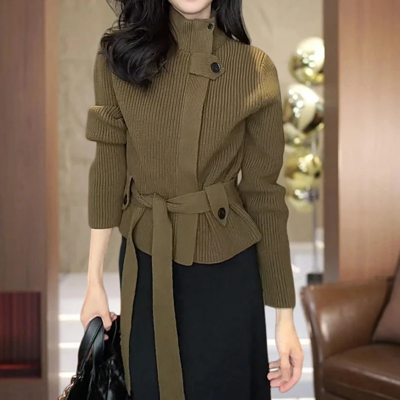 慵懒高级感纯色坑条系带收腰立领毛衣女秋冬气质复古百搭显瘦外套