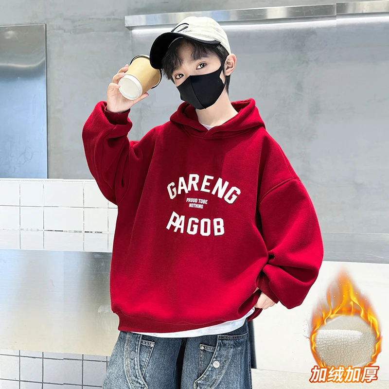 儿童装男童冬季加绒红色卫衣5-12岁男孩连帽上衣中大童冬装保暖厚