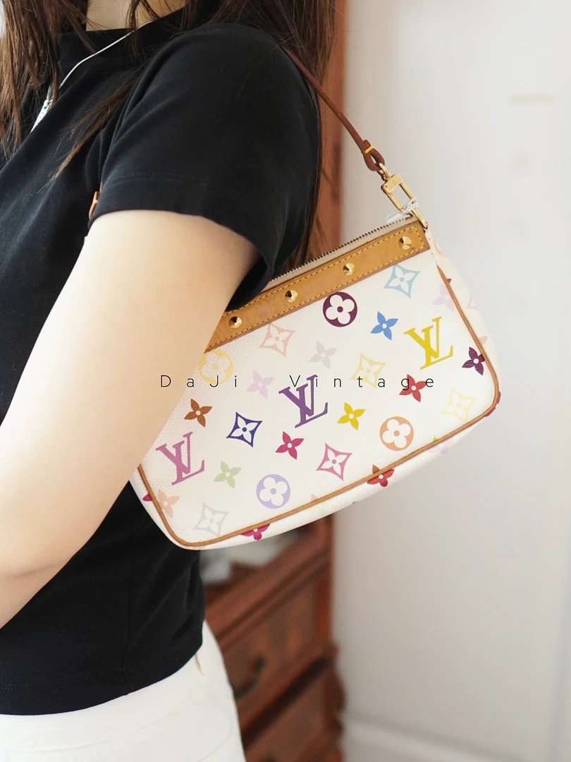 95新 LouisVuitton/路易威登 大吉中古/Lv白三彩铆钉麻将单肩包