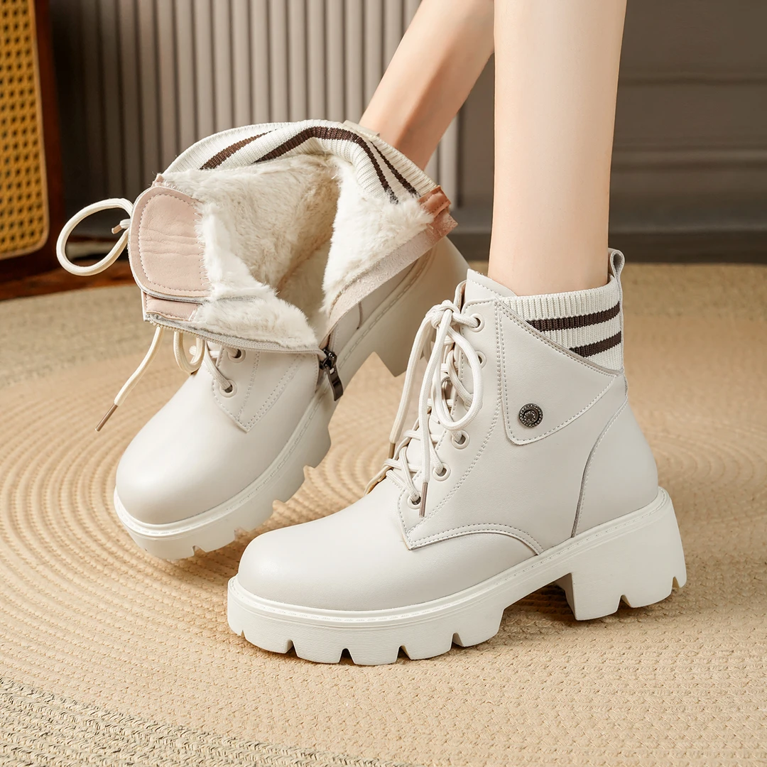 真皮马丁靴女中跟厚底短靴加绒保暖棉靴时尚冬季羊毛棉鞋百搭皮靴