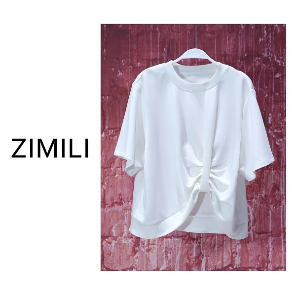 【亮哥女装】2025设计师欧版轻薄透气米白色扭褶露脐时尚短袖9011