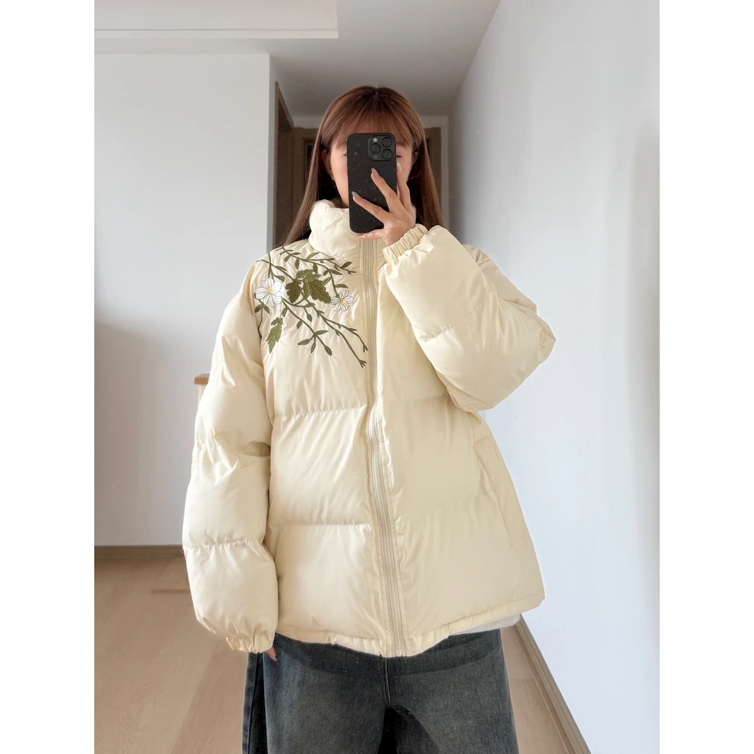 美式复古国潮花卉字母刺绣宽松立领棉服男女冬季加厚保暖棉衣外套