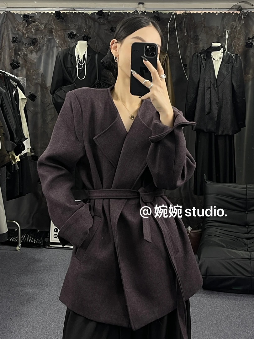 【婉婉studio】纯色老钱风法式短款翻领小众时尚宽松毛呢百搭外套