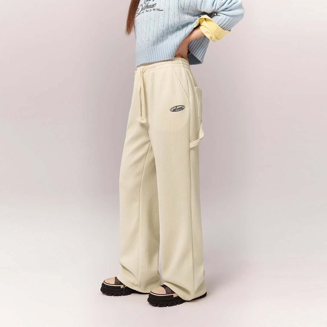 CHUU冬季女装字母刺绣设计系带松紧腰加厚阔腿显瘦百搭休闲裤