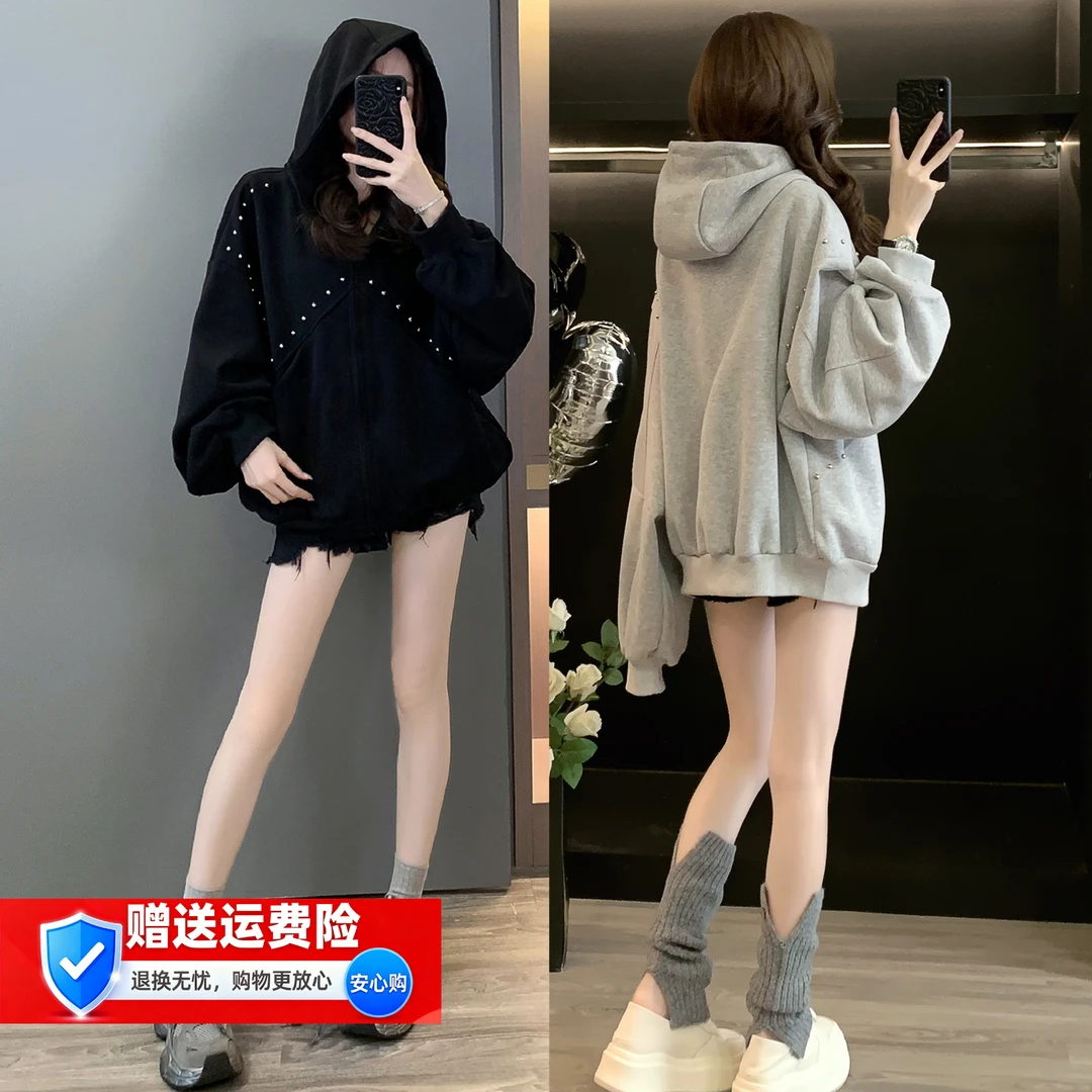 网红美式复古设计感宽松连帽卫衣女外套春秋辣妹运动服休闲上衣潮