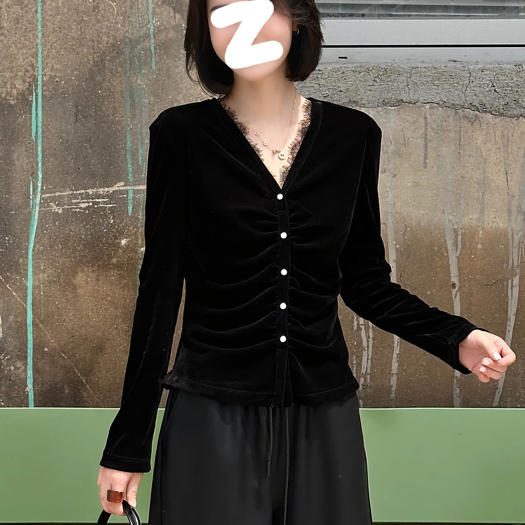 早秋黑色蕾丝边v领长袖t恤衣服女款2025新款爆款丝绒上衣女春秋季