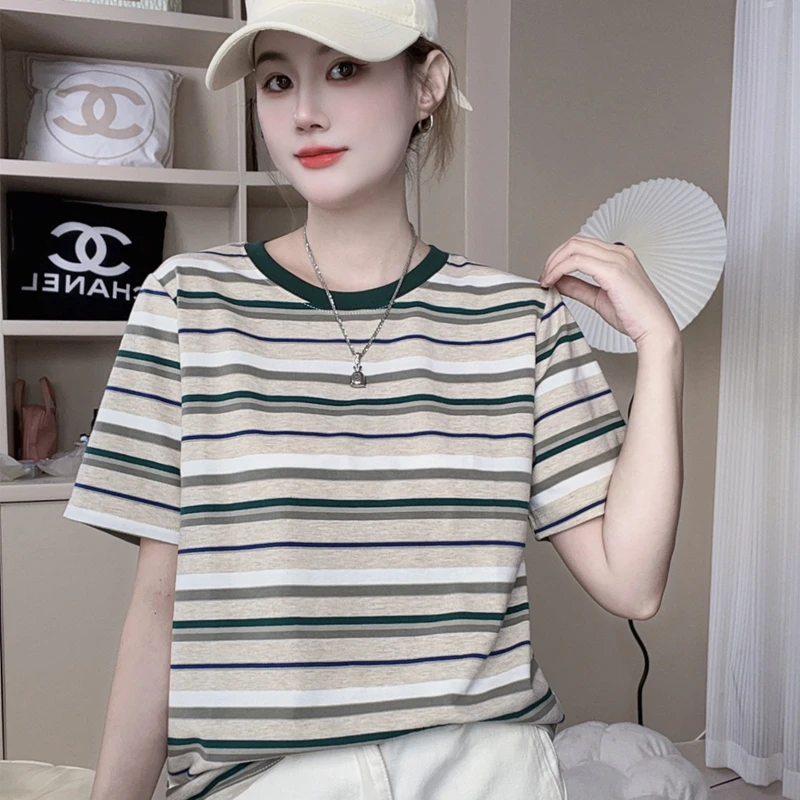 巨显白撞色圆领纯棉条纹T恤女短袖夏季宽松显瘦气质正肩休闲新1