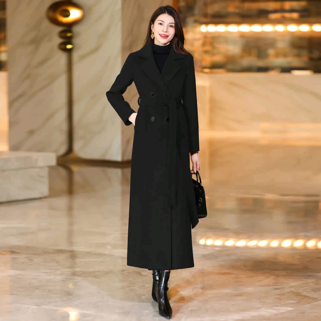 2025年新款女士秋冬长款修身百搭收腰气质黑色毛呢外套