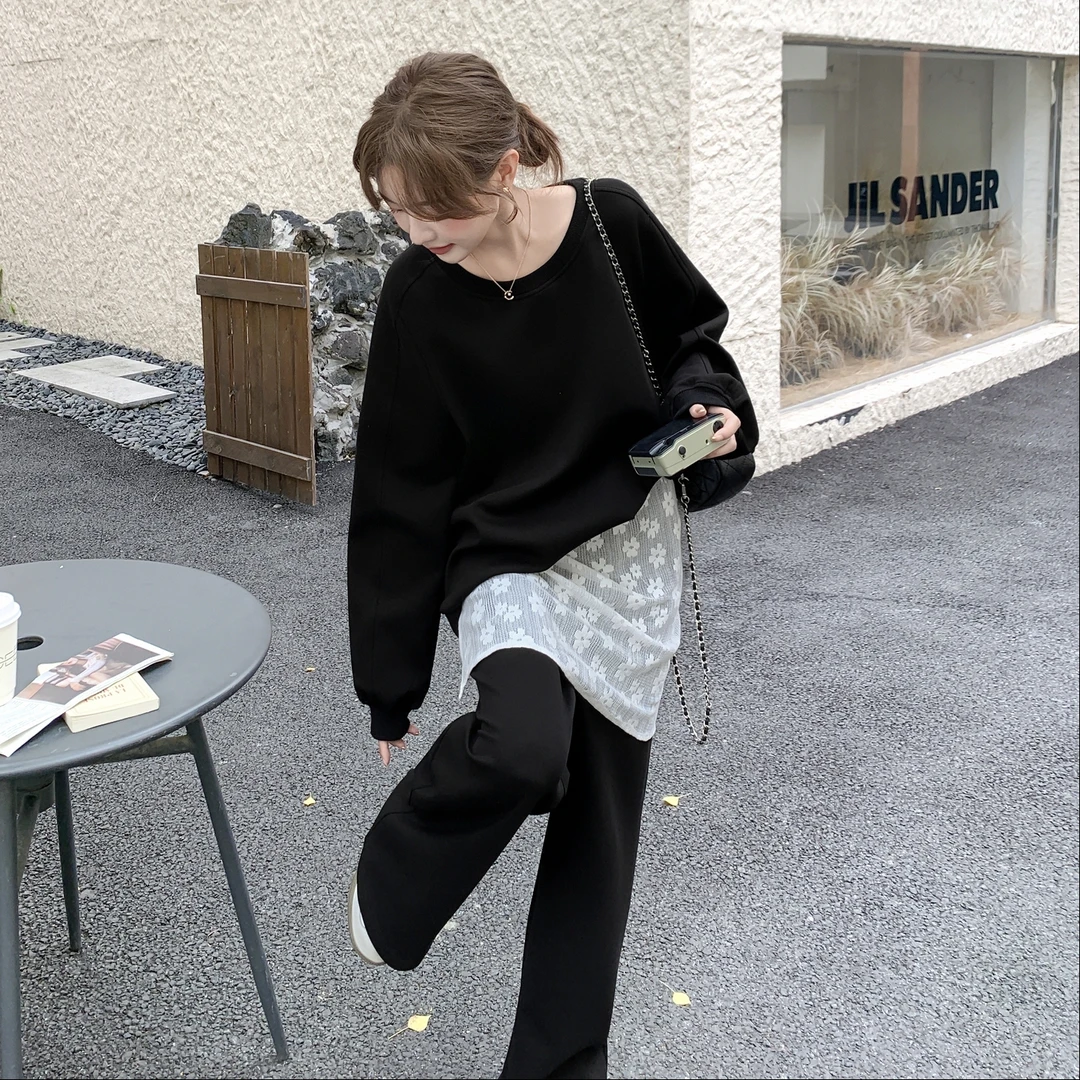 慵懒风蕾丝拼接黑色卫衣套装女2025春秋新款休闲气质阔题裤两件套