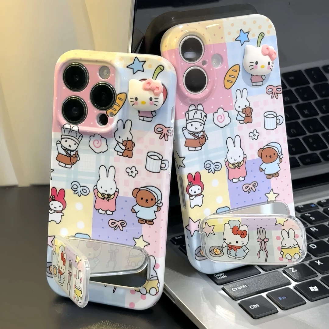 可爱小脑袋瓜KT镜子支架适用苹果16promax手机壳华为vivo小米oppo